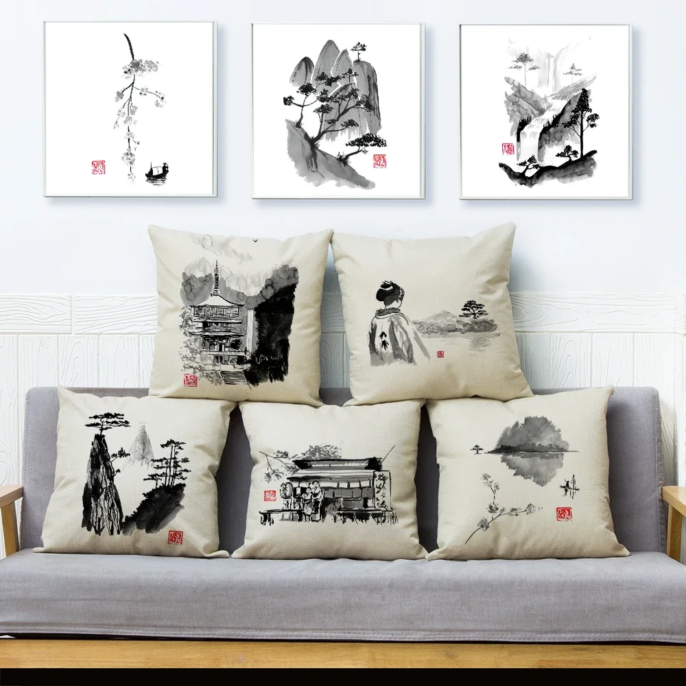 Japanese Style Ink Cushion Cover for Sofa Home Car Double Print Decor Beautiful Scenery Cat Girl Pillowcase Linen Pillow Case