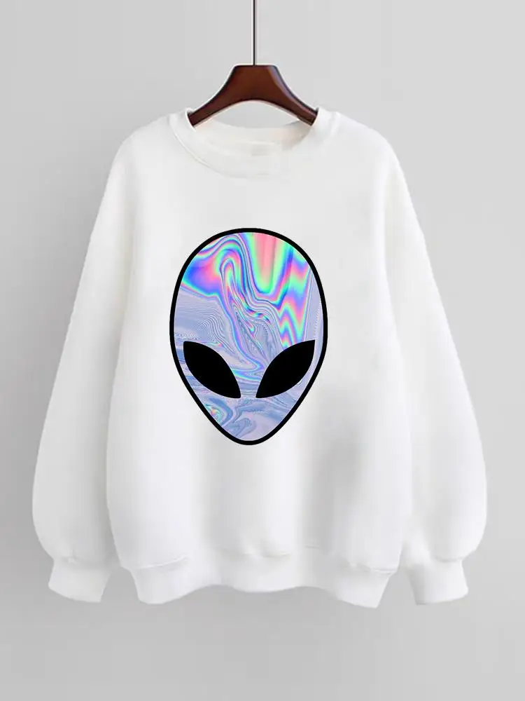 

Women Fleece Alien Face Funny Cartoon Trend Clothing Fashion Pullovers Print Female Long Sleeve Clothes Graphic Sweatshirts