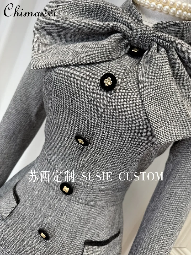 High-end francês gola destacável borboleta botão plissado a linha vestido moda manga longa elegante vestido curto feminino