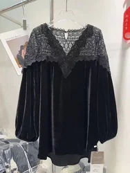 Luxury Exquisite Beaded Stitch Lace Embroidery Patchwork Oversized Shirts and Blouses For Women 2024 Autumn Winter Tops Blusas