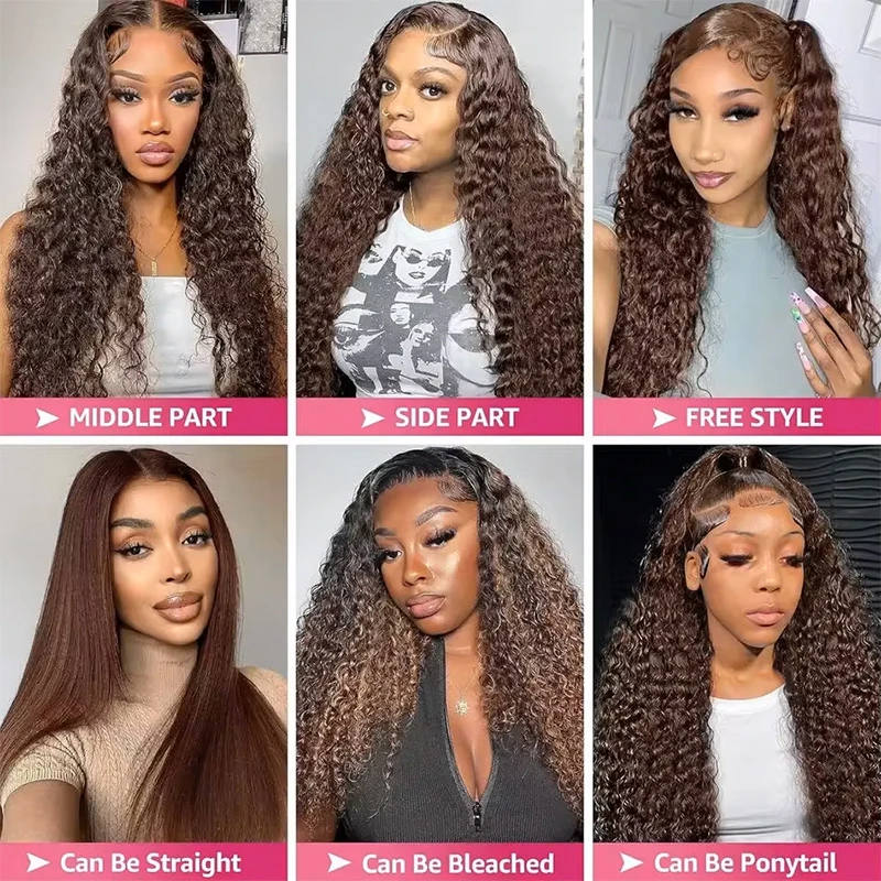 Chocolate Brown Colored 220% Density 36 Inch Chocolate Brown 13x6 13x4 HD Transparent Lace Front Wigs Human Hair Curly Deep Wave Brazilian Transparent Lace Frontal Wig For Women Human Hair #4 Colored Wigs Pre-Plucked Prebleached view 8