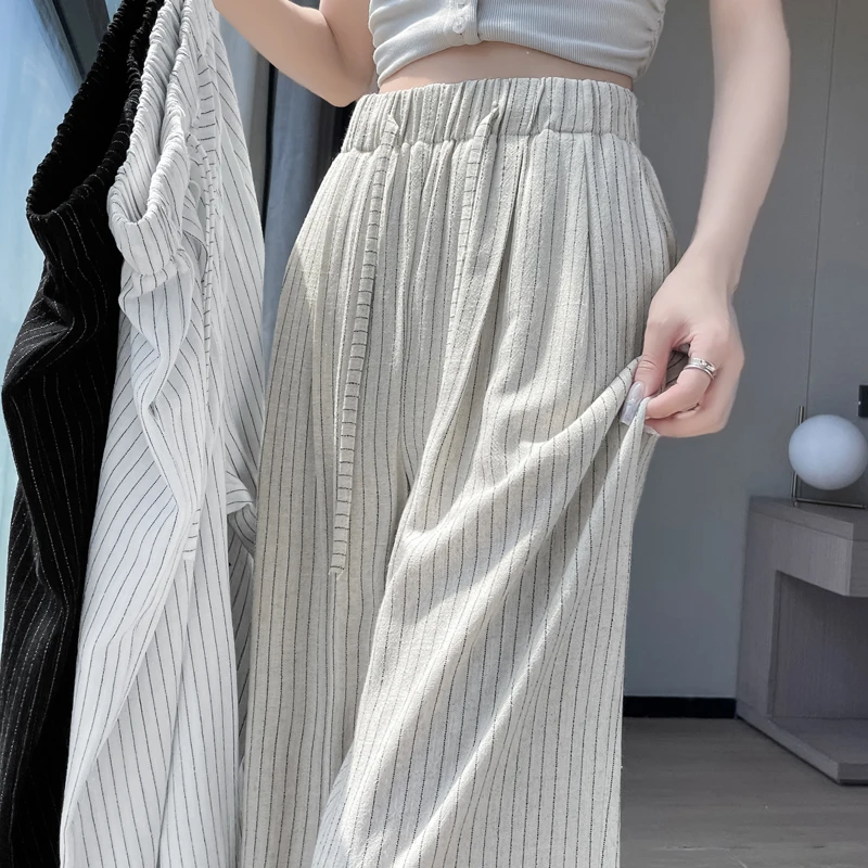 

Cotton and Linen Vintage Striped Women's Wide Leg Full Pants High Waist Elegant Straight Loose Trousers Female 2025 Summer