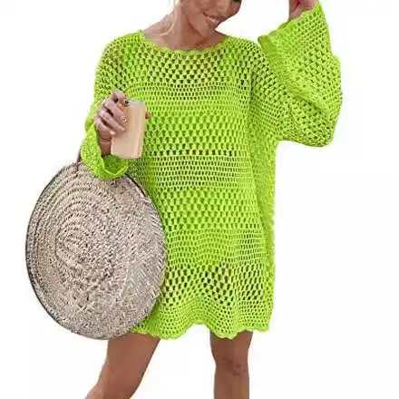 

Casual Loose Knitted round Ne Beach Sweater Hollow out Street Sle Long Sve Women's Summer Faion Loose Fit Knitwear