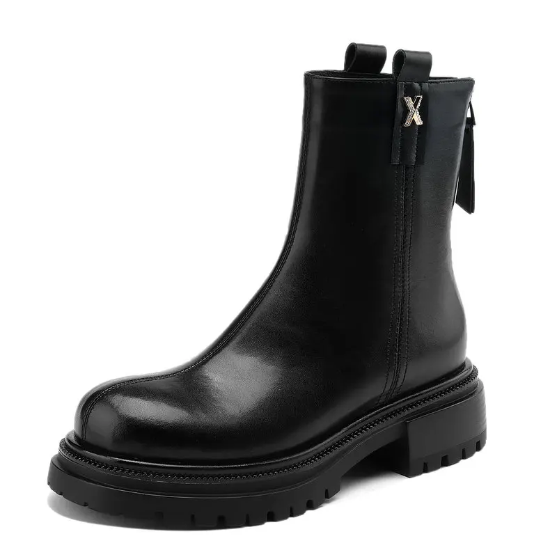 

2024 Women Ankle Boots Autumn Winter Genuine Leather Square Med Heel Zipper Office Lady Shoes Woman Size 34-42