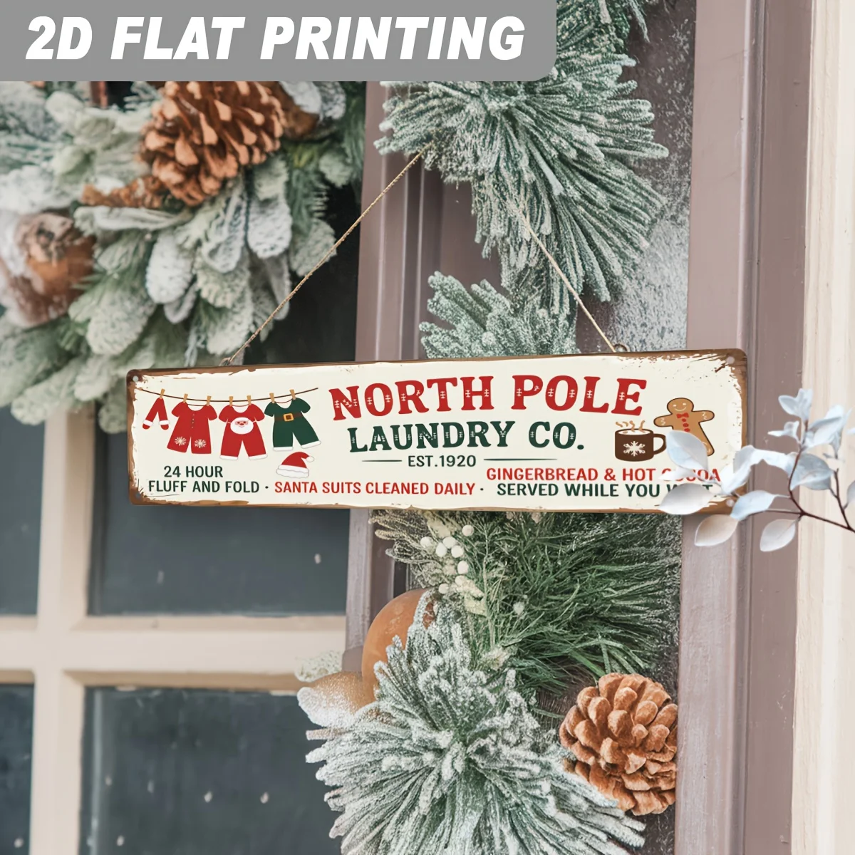 North Pole Laundry Company 2D Flat Metal Sign 1-Piece, Vintage Wall Decor, Perfect for Christmas Decorations, Suitable Home