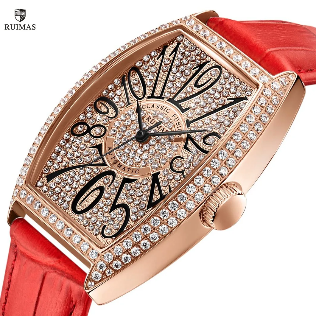 RUIMAS Luxury Diamond Women Automatic Mechanical Watches Waterproof Elegant Ladies Wrist Watch Clock Leather Reloj Mujer 6757