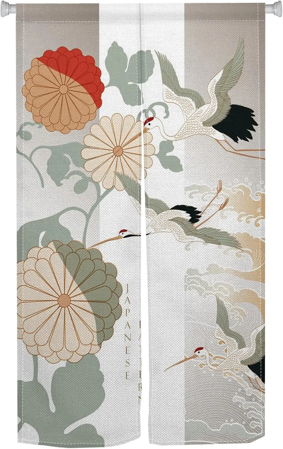 Japanese Crane & Chrysanthemum Noren Curtain,Traditional Red Green Floral with Crane Print, Door Curtain for Home Entrance Decor