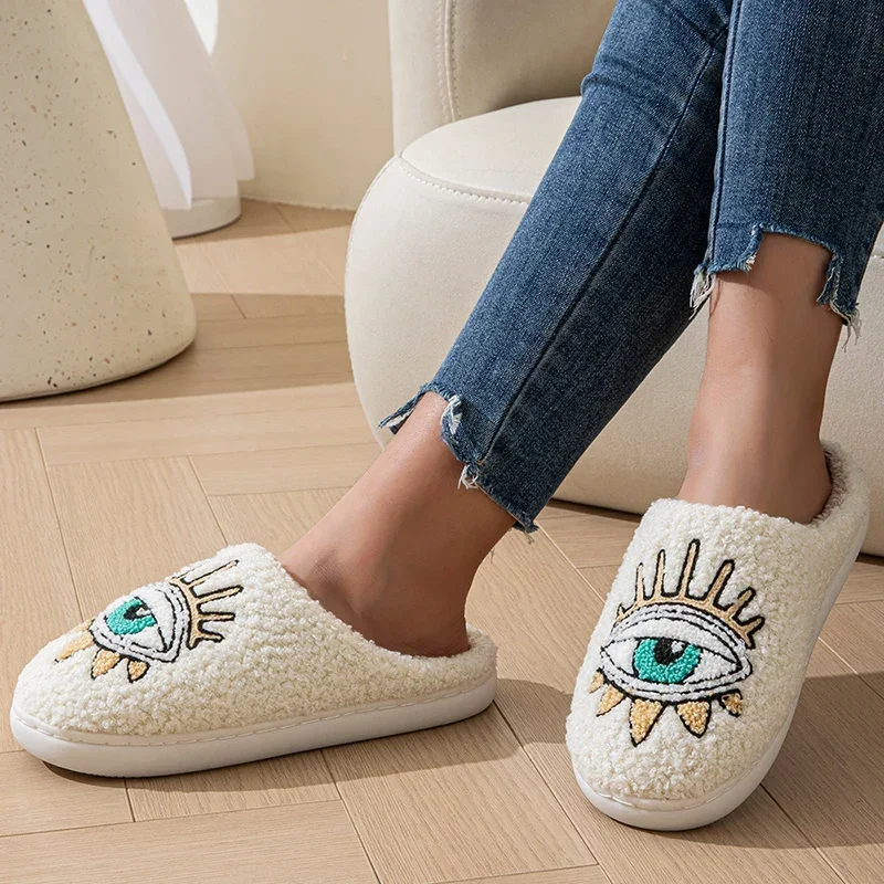 Fashion Home Women Fluffy Slippers Winter Soft Sole Houseshoes Eye Fuzzy Cotton Heart Flat Sole Funny Flip Flops Indoor Shoes