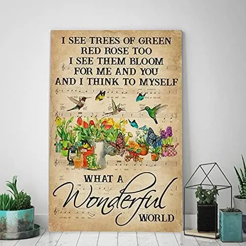 Hummingbirds and Flowers, I Think to Myself, This is Really A Wonderful World Tin Sign Poster Retro Street Garage Home Cafe sign