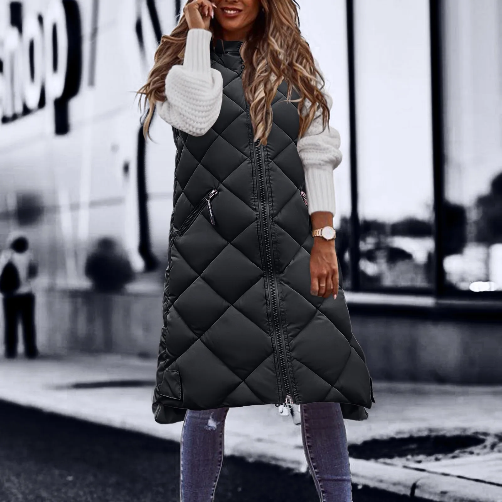 Women\'S Down Jacket With Pockets Winter Warm Vest Argyle Outerwear Hooded Sleeveless Down Jacket Women Winter Long Down Coat