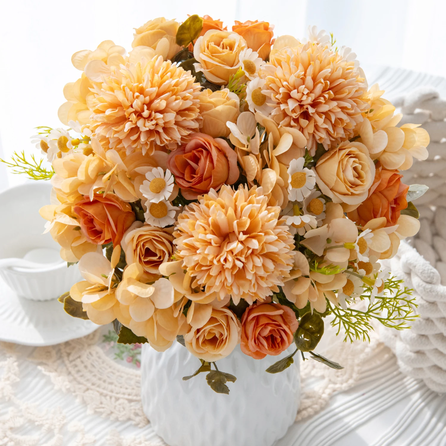 1PC Artificial Flowers Wedding Home Bedroom Decoration Bridal Bouquet Garden Fake Silk Roses Hydrangeas Vase for Board Outdoors - Image 2
