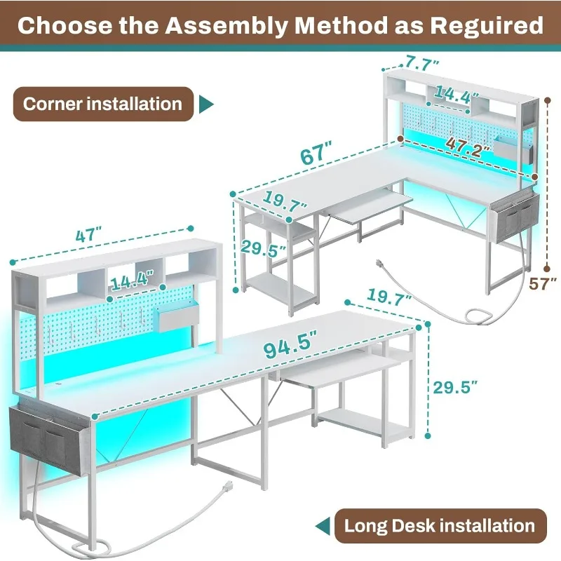 Escritorio de computadora en forma de L, escritorio de esquina Reversible con toma de corriente y tablero de clavija, escritorio de computadora con luces Led, bandeja para teclado