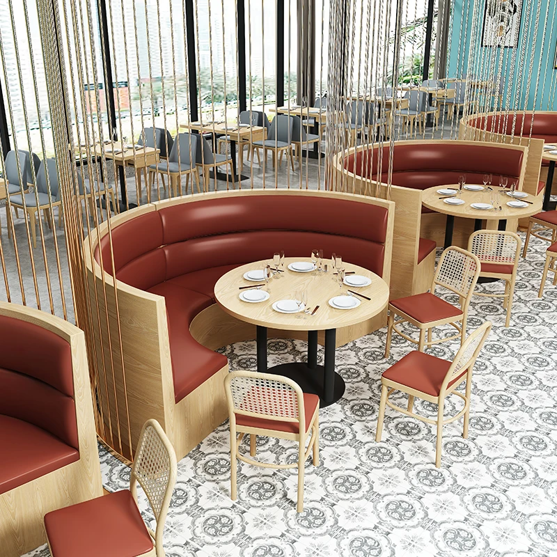 #Commercial Restaurant Customized Plywood Sofa Curved Booth Fast Food Leather Rattan Dining Table and Chairs Furniture Set