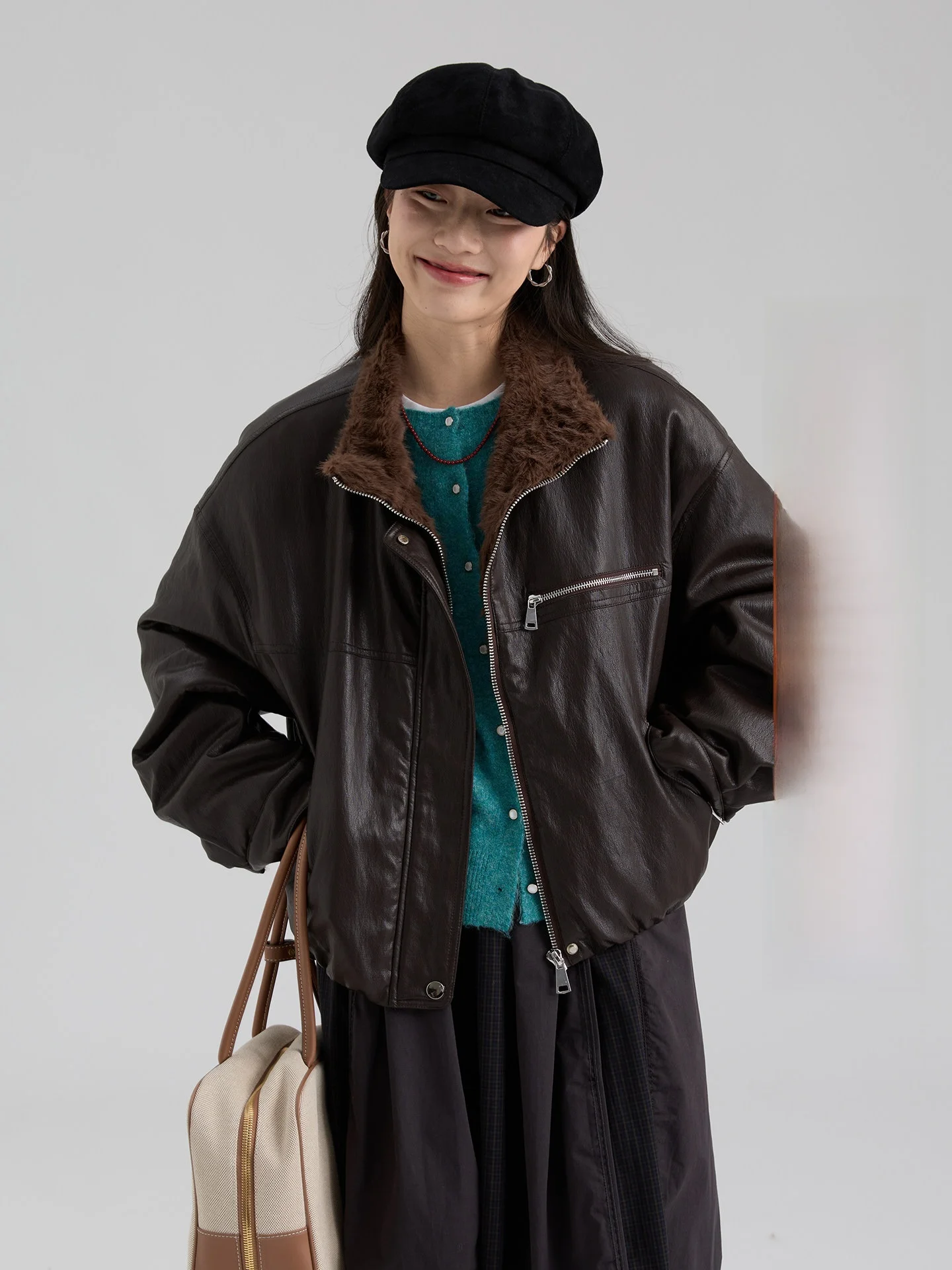 

Warm Fleece Lined Short Biker Jacket for Women Pure Color Commute Style PU Leather Coat Youth Fashion Winter New Arrival