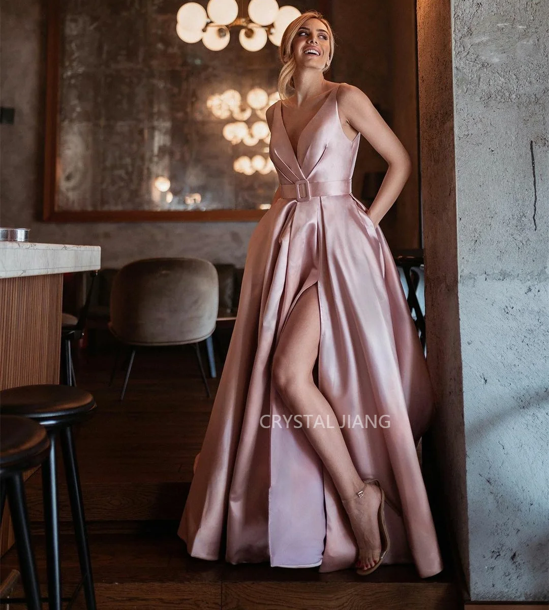 

Sexy Long Pink VNeck Prom Dresses with Slit Sleeveless فساتين السهرة A Line Floor Length Dresses for Special Events