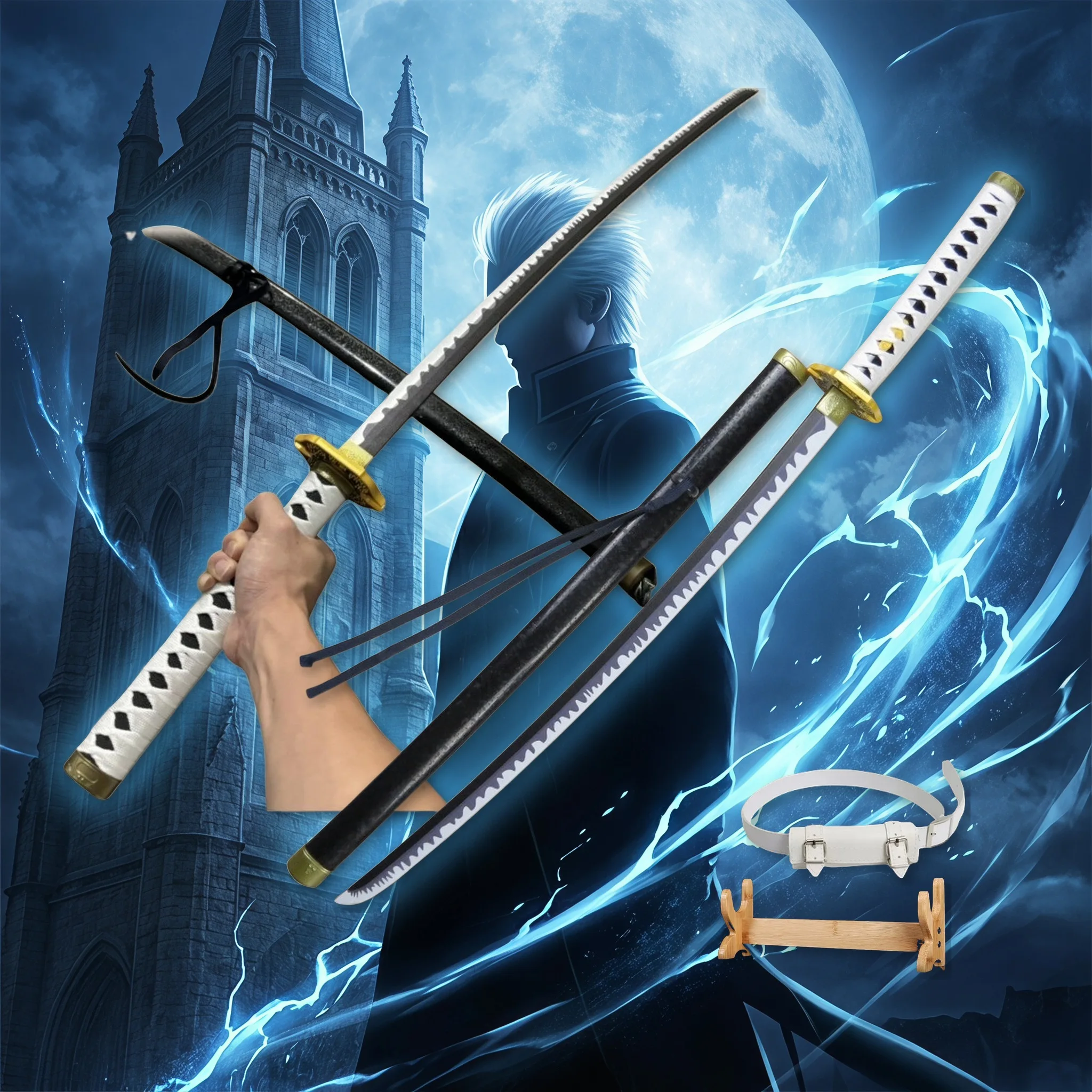 39-40 Zoll Devil May Cry Vergil Yamato Katana Schwert Set mit Ständer und Gürtel, sicheres Kunststoff-Cosplay-Display-Requisit
