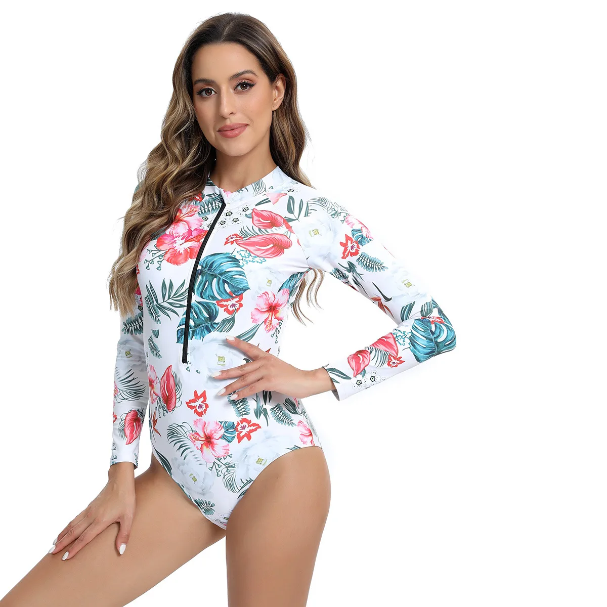 Maiô estampado floral para mulheres, zíper frontal, bodysuit acolchoado, roupas de natação, manga longa, roupa de banho de uma peça, Triang de praia, novo