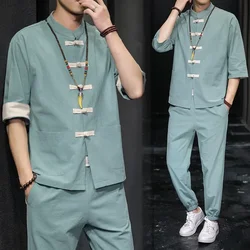 Men Traditional Chinese Style Tang Suit Retro Hanfu Shirt Trousers Kung Fu Uniform Set Japanese Kimono Coats Casual Blouse Pants