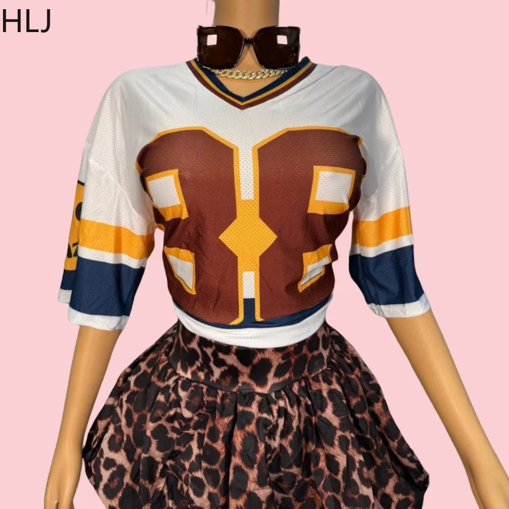 HLJ&GG Fashion Y2K Basketaball Tshirt Two Piece Sets Women V Neck Short Sleeve Loose Top + Leopard Mini Puffy Skirts Streetwear