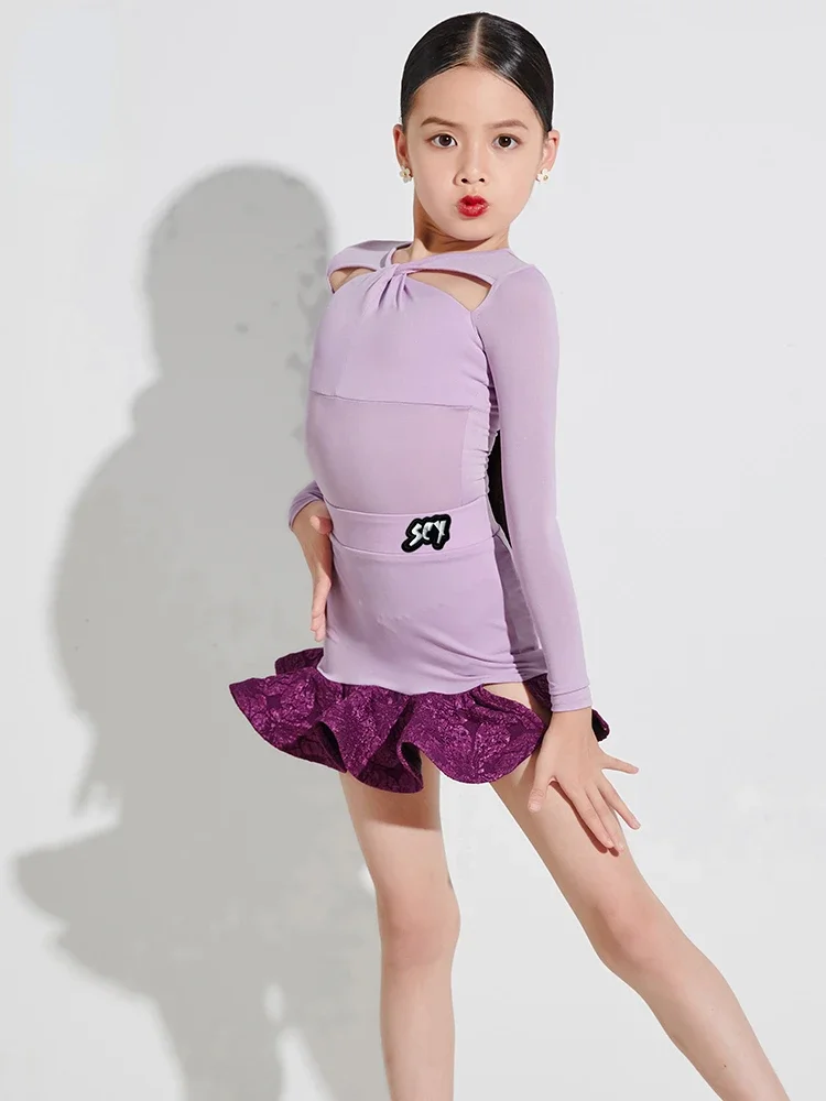 Cha Cha Tango Ballroom Latin Dance Costume Girls Child Rumba Dance Skirt Purple Samba Dance Clothes Stage Competition Dress Kids