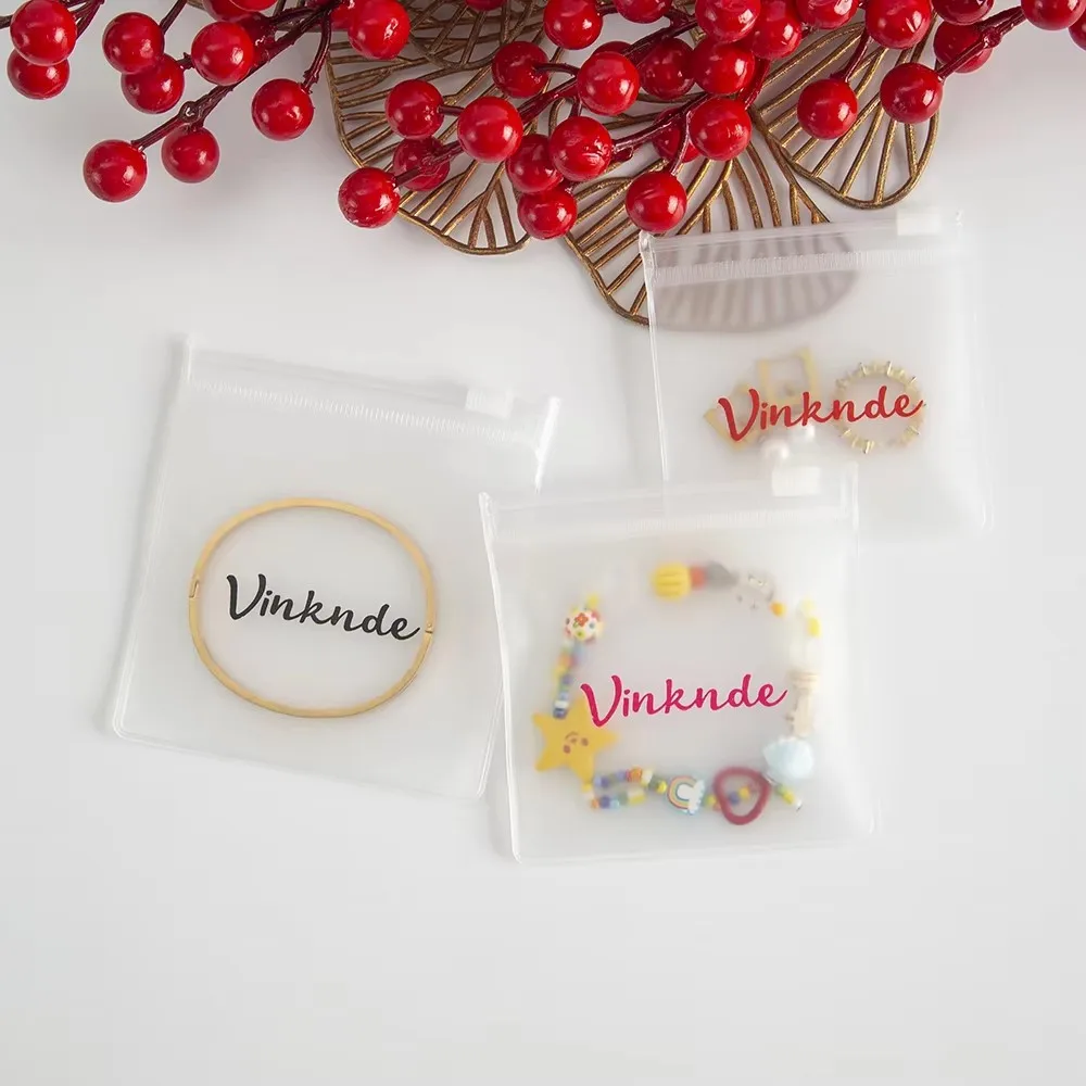 100pcs 6x8cm Customized Logo Matte Frosted Jewelry Zipper Bag Lovely Jewellery Storage Earring Pendant Organizer Candy Packing