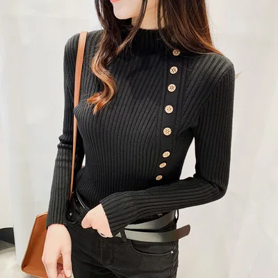 Women Sweater Pullovers Khaki Casual Autumn Winter Button Turtlneck Chic Sweater Female Slim Knit Top Soft Jumper Tops