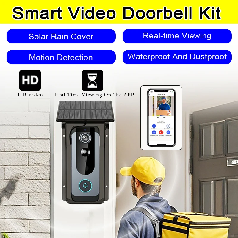 Tuya Smart Wireless Zwei-Wege-Gegensprechanlage Video-Türklingel mit schwarzer Solar-Regenschutz, wasserdichte HD Smart Home Intercom Video-Klingel