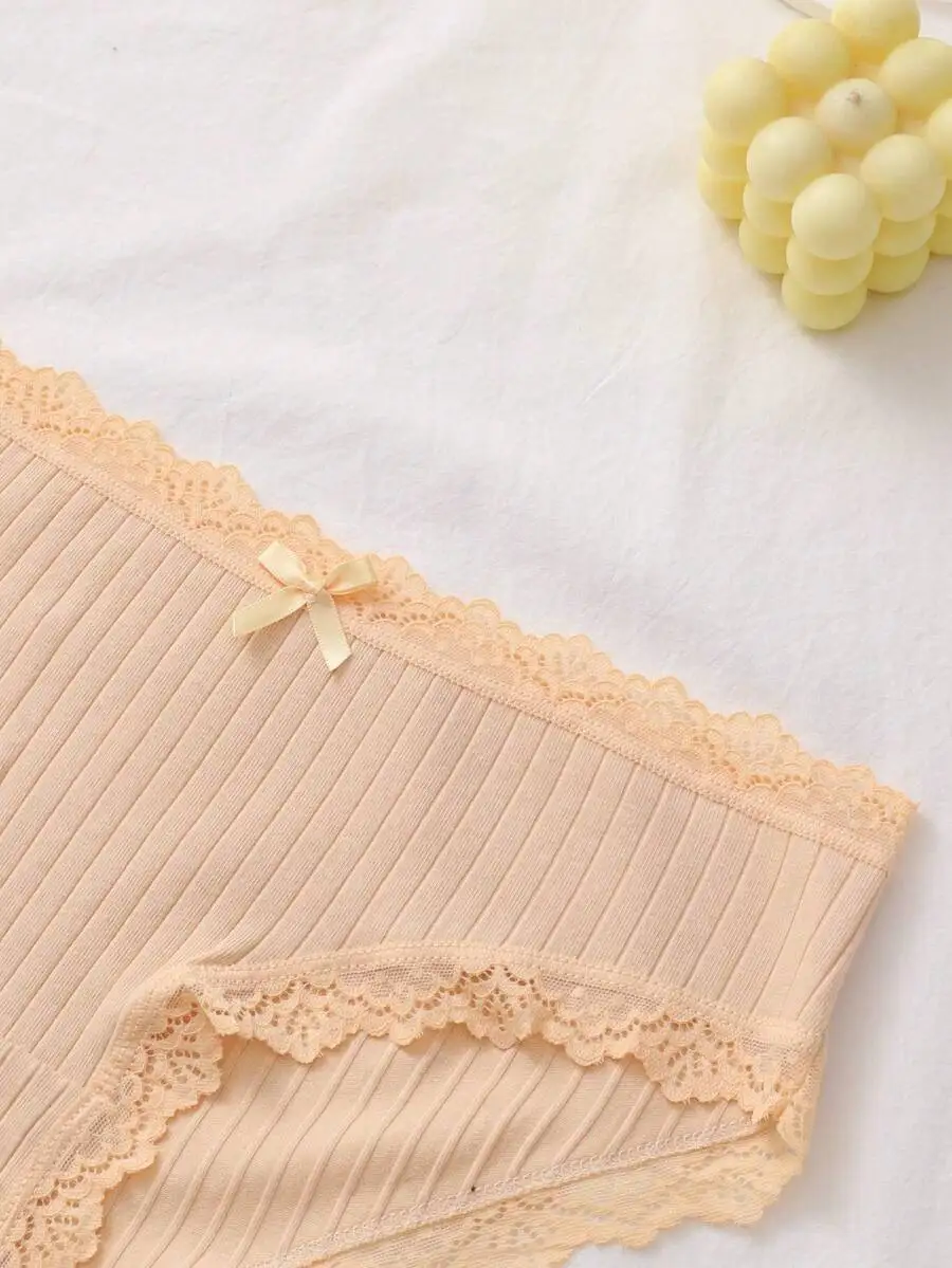 

Womens Ribbed Lace Bow Cotton Underwear Briefs Comfortable Casual Panties