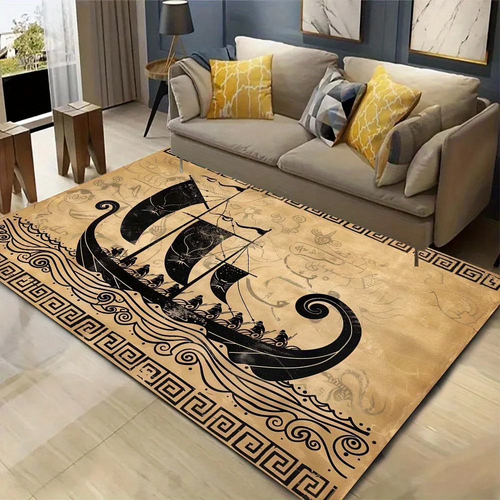 Greek Vase Ship Rug Flannel Soft Kids Carpet Ancient Ocean Print Bedroom Kitchen Floor Mat Anti Slip