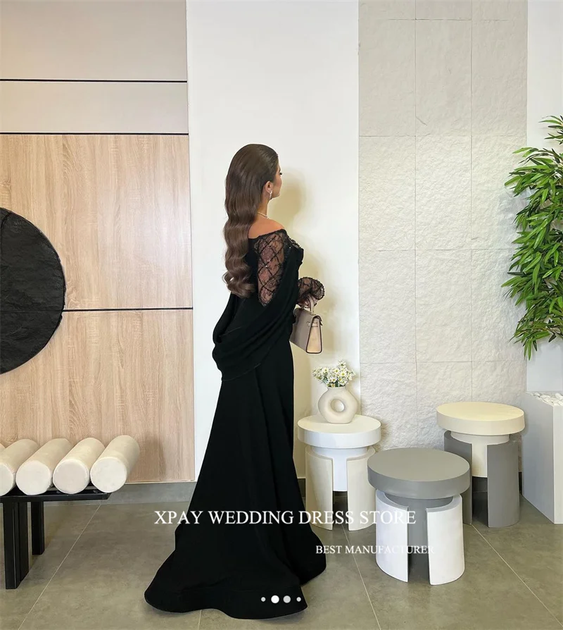 XPAY Saudi Arabic Women Black Mermaid Evening Dresses Formal Party Dress 2024 Women Long Sleeves Special Occasion Dress Vestidos