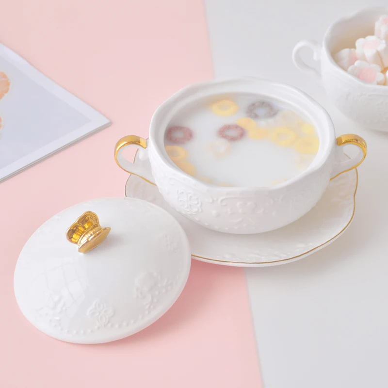 

Термостойкая фарфоровая суповая тарелка с двумя ручками, украшенная золотом, для сладких десертов и яичного супа