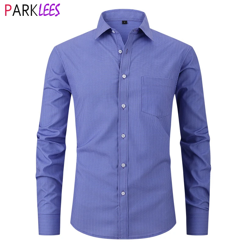 Mens Blue Plaid Elastic Dress Shirts Classic Fit Wrinkle-Free Casual Button Down Checked Shirts Men Business Casual Chemise 3XL