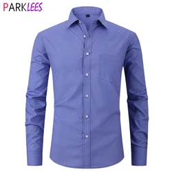 Mens Blue Plaid Elastic Dress Shirts Classic Fit Wrinkle-Free Casual Button Down Checked Shirts Men Business Casual Chemise 3XL