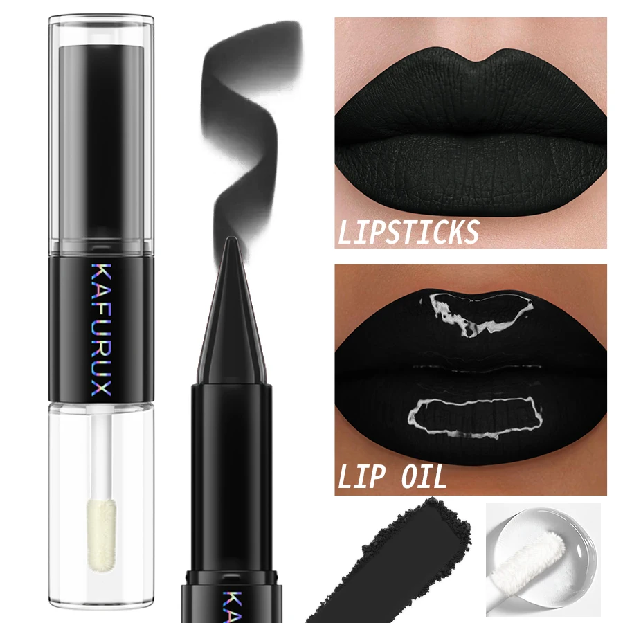 Black Matte 2 In 1  Double Head Lipstick Lip Coat Set Waterproof Coat 24HR Korean Makeup Gifts High Pigment Lip Tint Plumper