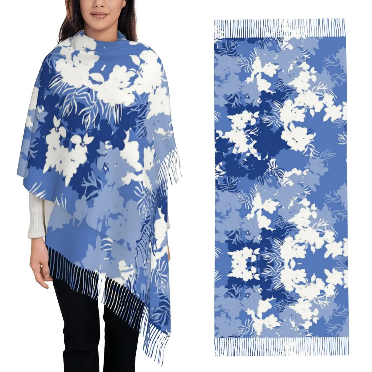 

Синий камуфляжный шарф с цветочным принтом и цветами, шарфы с кисточками для женщин, мягкие теплые шали и накидки, большая осенне-зимняя шаль