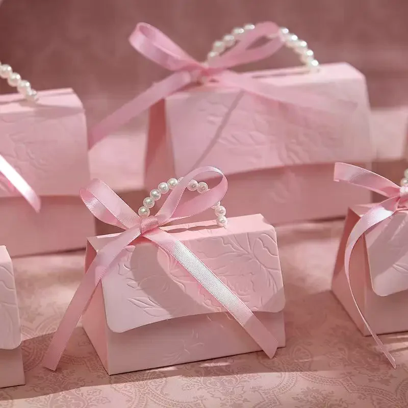 10PCS Pink Pearl Portable Gift Box Wedding Portable Ribbon Souvenir Wedding Candy Paper Box DIY Party Packaging Supplies