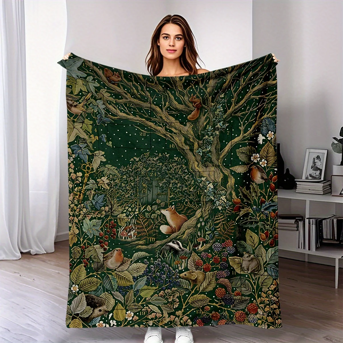 Fox Bird Wild Berry Leaf Dark Green Tone Print Blanket, Light Flannel Throw For Couch Room, Vintage Wild Nature Daily Blanket