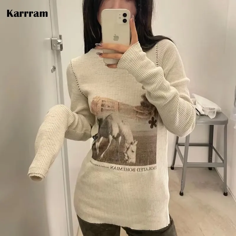 Karrram Japanese Y2k Knit Top Vintage Korean Style Long Sleeve Ribbed Top 2000s Harajuku Knitted T-shirt American Retro Knitwear