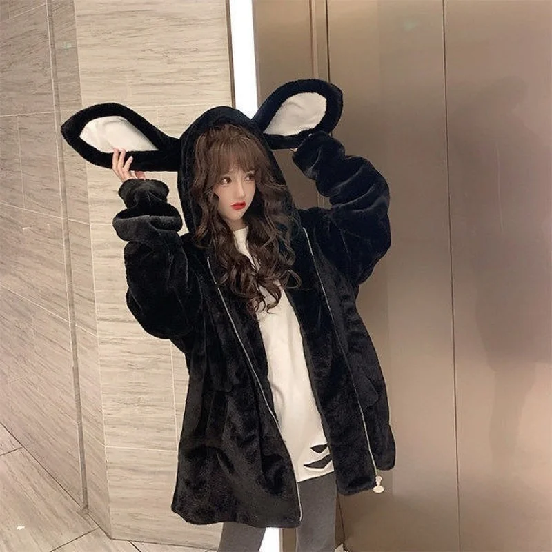 QWEEK Kawaii Hooded Sweatshirts Harajuku Zip Up Hoodie Faux Lamb Fleece Pullover Bunny Ears Oversized Hoodie Japanese Fashion