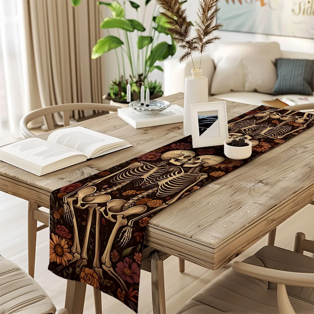 

Украшение скатерти Скелет и цветочный темный академический стиль Длинная ткань Праздничный декор для столовой и гостиной, вкладка для кухни и кофе