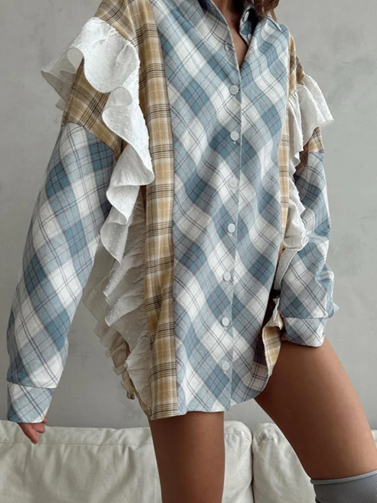 

Весна-Осень 2026: Новая женская блузка оверсайз с длинным рукавом, свободного кроя, винтажная, розовая, с рюшами и клетчатым узором