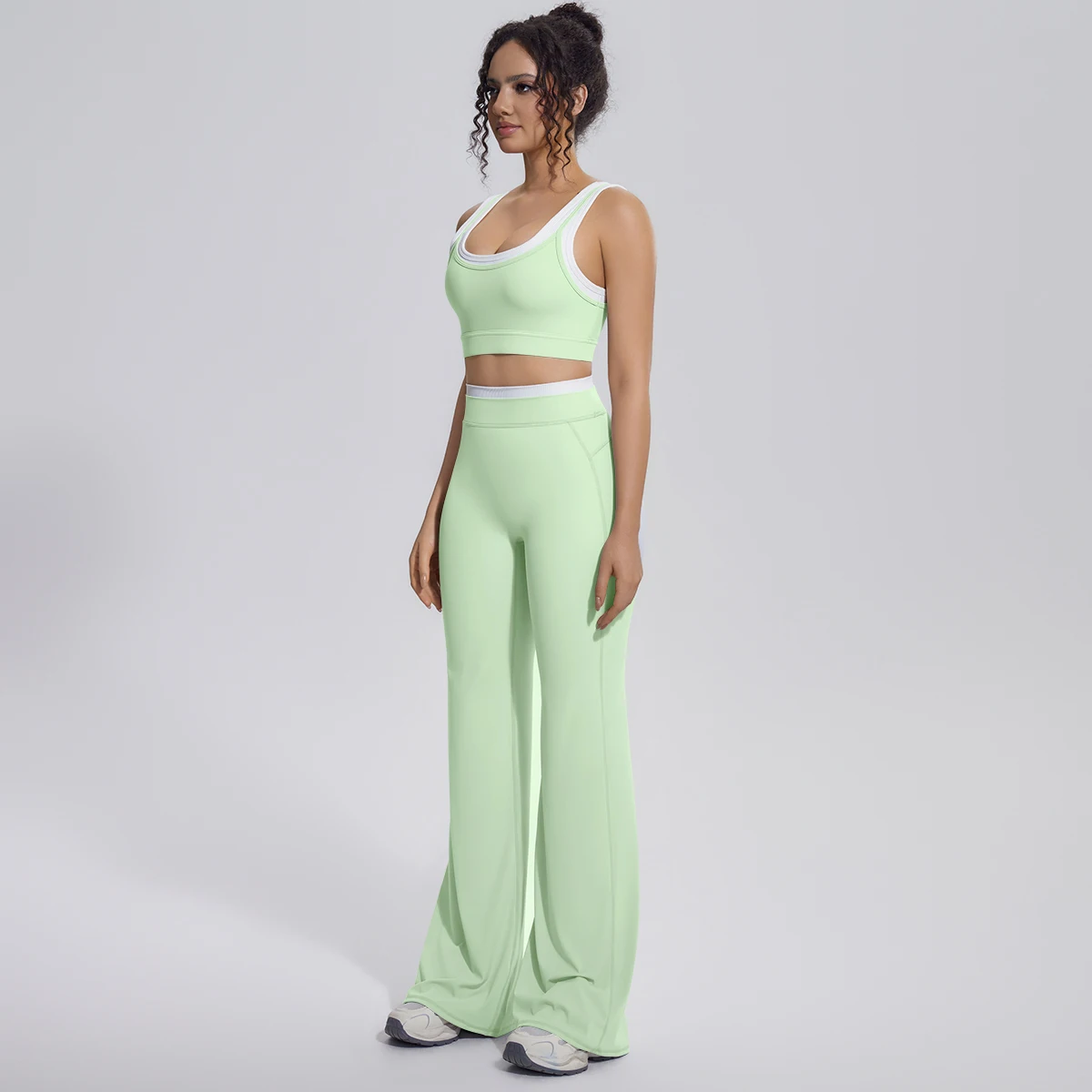 Neues Farbblock-Set mit Schönem Rücken-Yoga-BH und Weiten Hosen für Sommer, Fitness, Laufen und Workout, Hochelastisches, Lockeres Schlaghosen-Oberteil – Detail 31