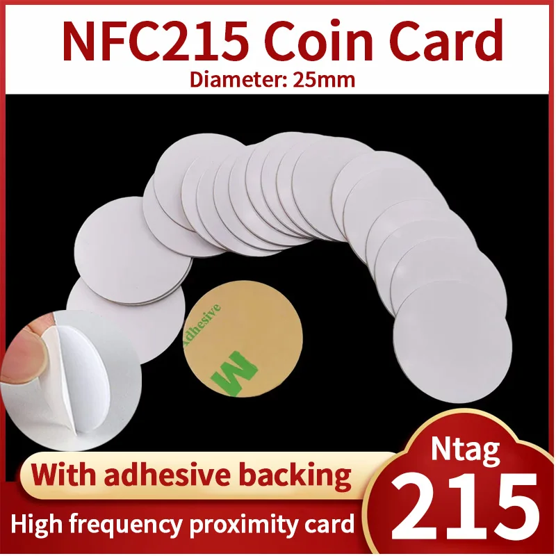 

NFC-метка 215 13,56 МГц, NFC-карта-монета, бейдж, ISO/EC14443A, 25 мм, водостойкая, из ПВХ, 215 E-метка с клейкой основой