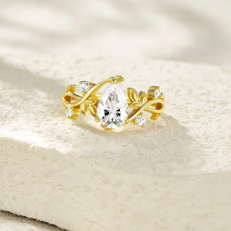 1.5CT كامل مويسانيتي D اللون VVS1 الماس الكمثرى المرأة خاتم S925 الفضة مطلي 18K الذهب الأصفر خواتم مجوهرات للنساء