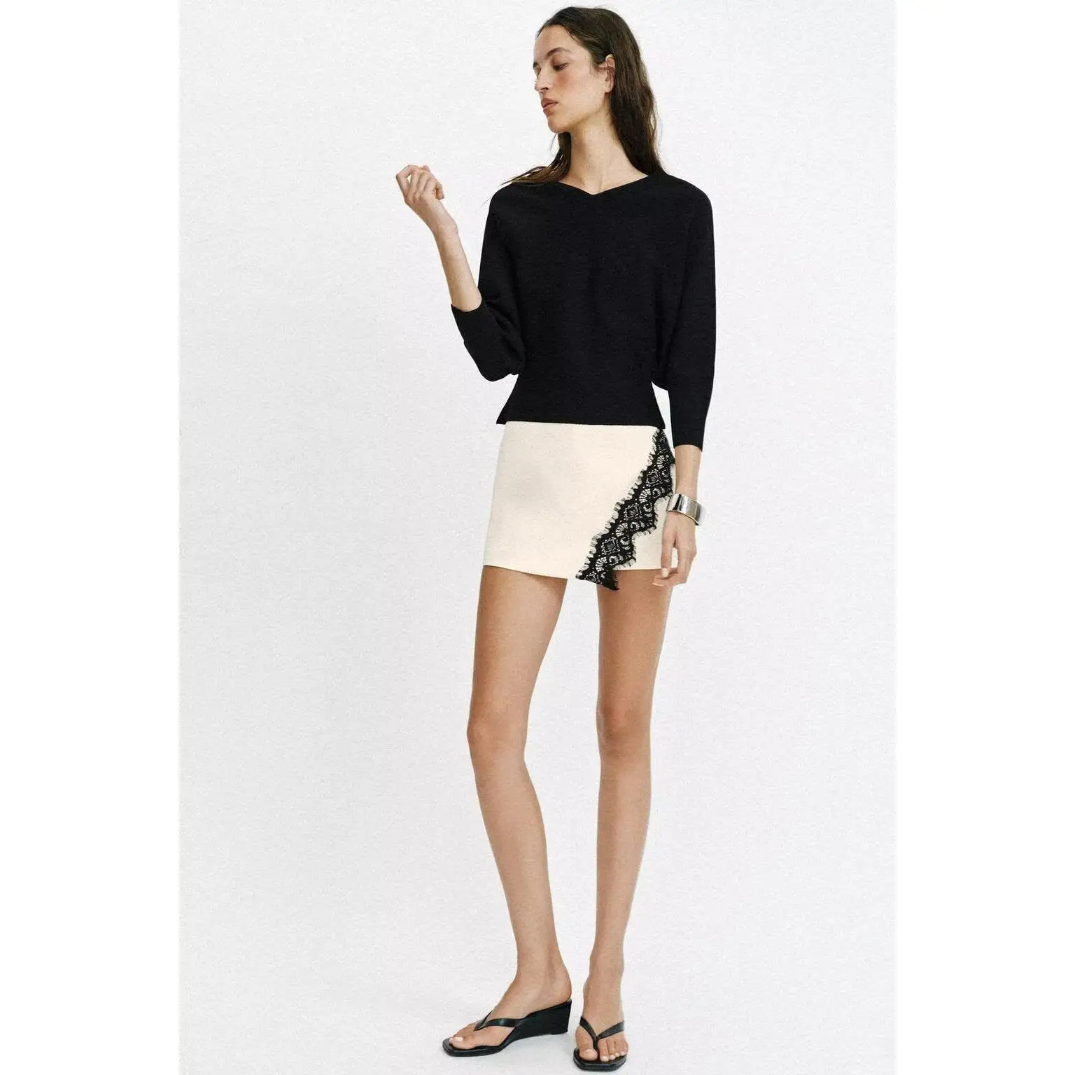 Spring Summer New Women's Fashion Simple Versatile Double Lapel Lace Skirt Pants 1165046 A-Line Standard Fit Polyester Fiber