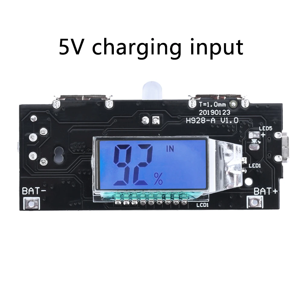 Banco móvel do poder com exposição do LCD, placa do módulo do impulso do poder, carregador de bateria, PWB, USB duplo, 5V, 1A, 2 A, 18650