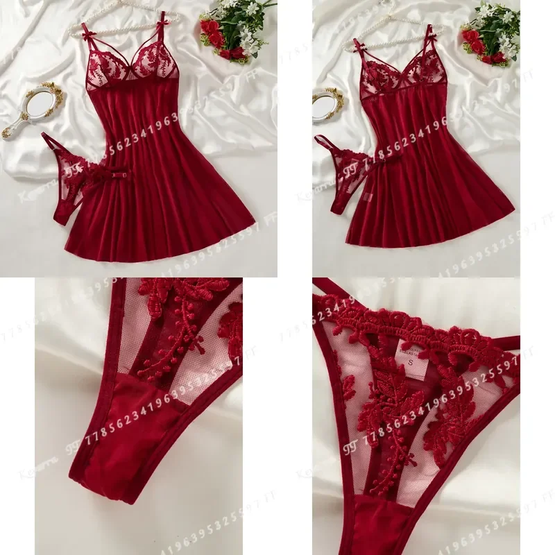 Wine Red Women's Country Style Wheat Ear Embroidery Semi Transparent Nightgown Elegant Comfortable Bow Design Sleepwear