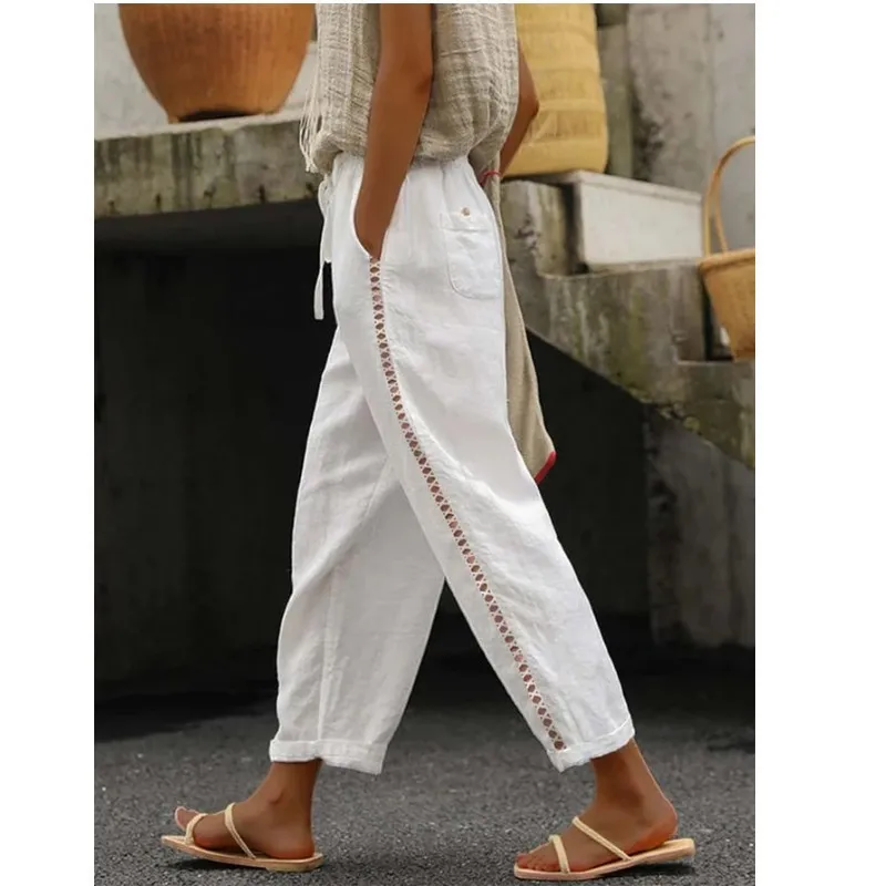 White Lace Hollowed Out Patchwork Cropped Pants Women Summer Solid Color Vacation Casual Loose Pants