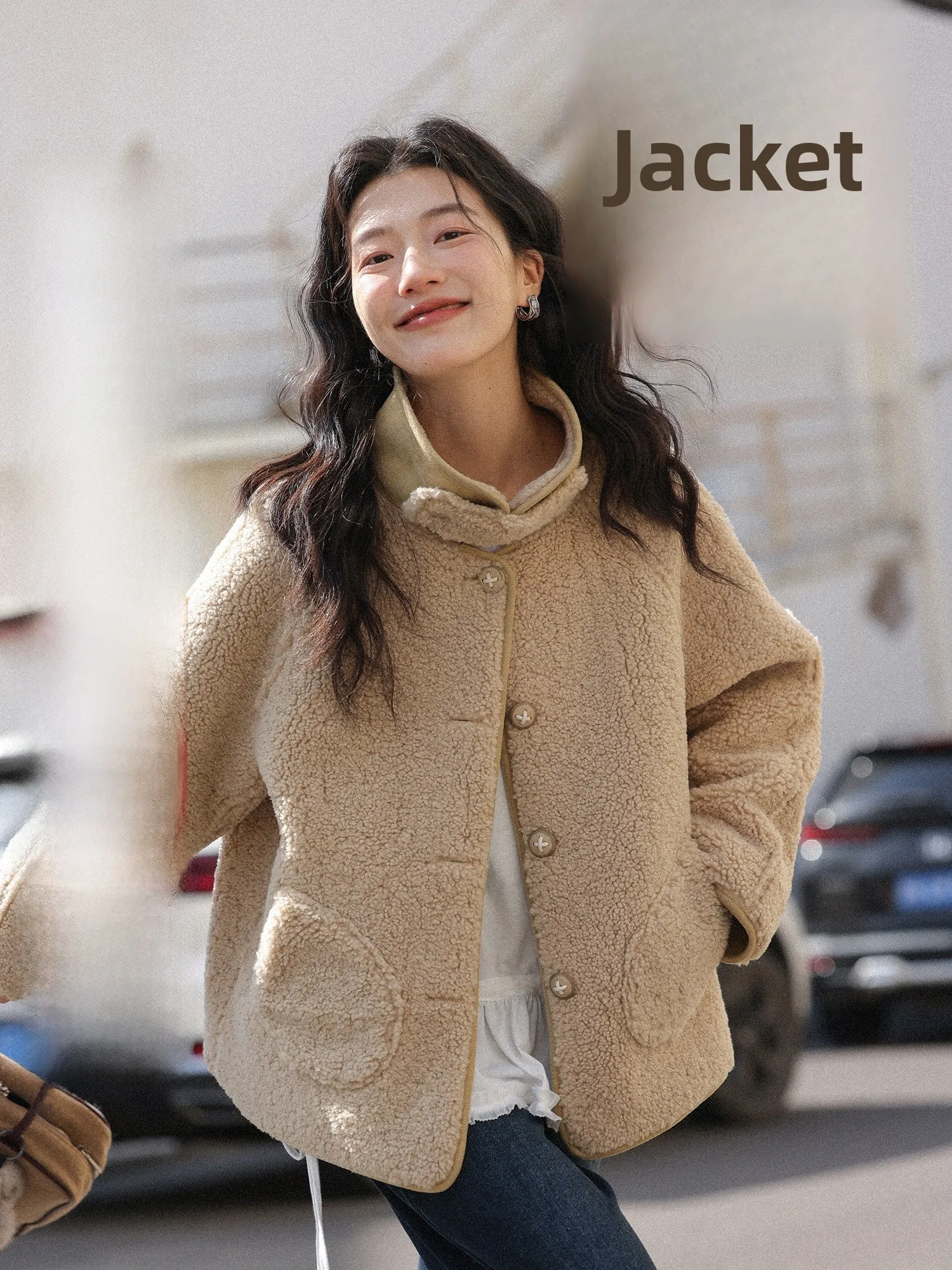 

Ladies Thiened Lamb Fur Jaet Stand Collar Casual Sle Winter Outerwear Soft Velvet Fabric Long Sve Button Closure