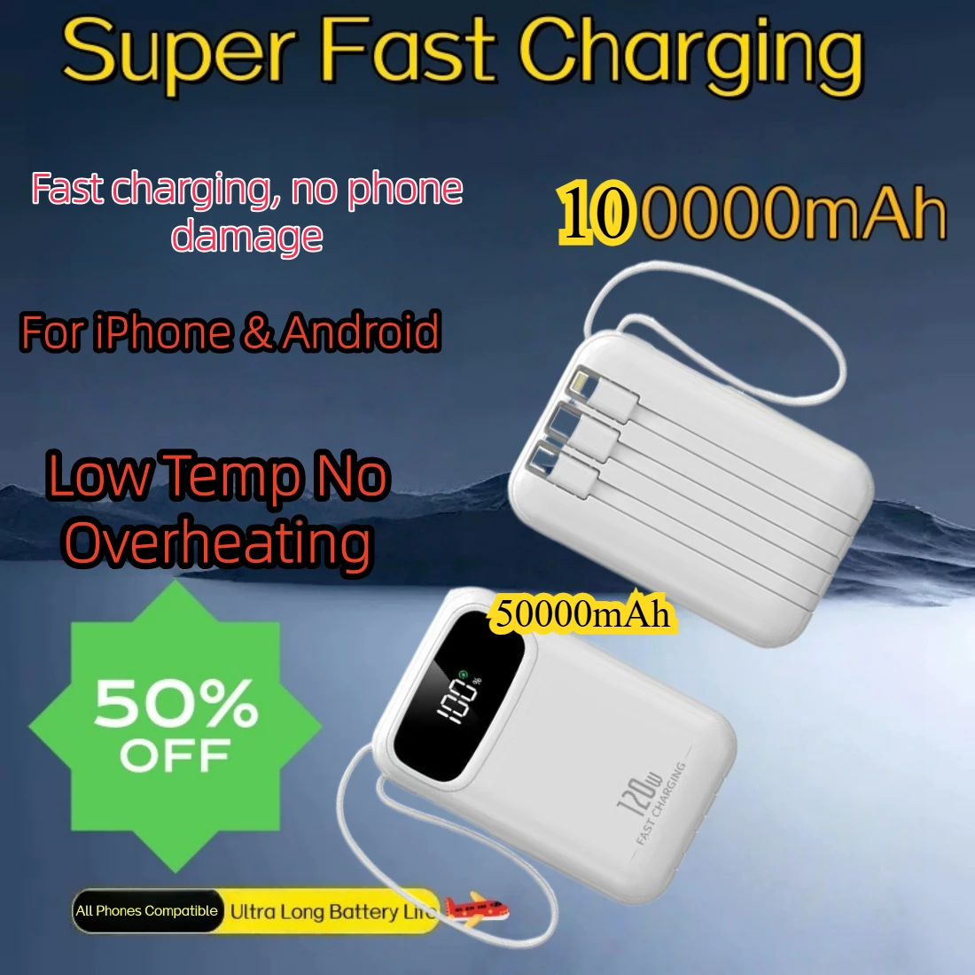 

Mini Power Bank 50000mAh Super Quick Charge Built-in Dual Lines Portable External Charger Mobile Power Bank For All Phones